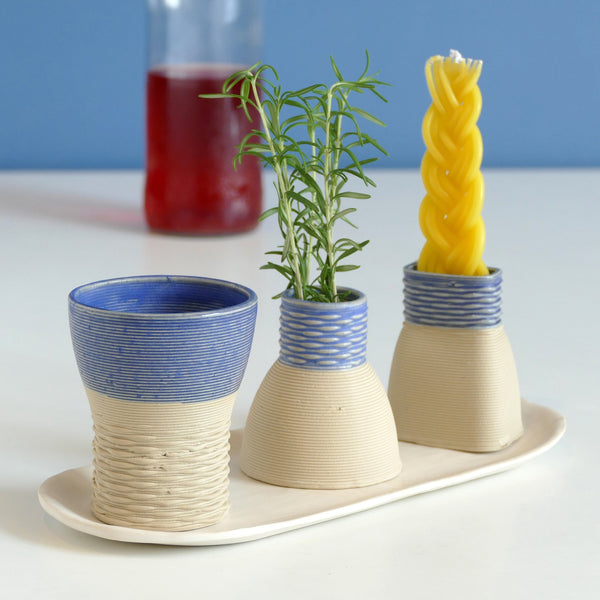 This elegant Havdalah set is created in a unique method by a clay 3D Printer. Enjoy now - for a limited time only - Early Bird Sale of 3D Printed Clay Havdalah set, in natural sand shade and royal blue glaze.
