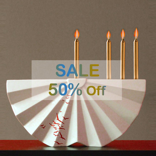 Outlet - Hanukkah Menorah Modern geometric Judaica - White ceramic with Red Birds pattern Contemporary Judaica Chanukah &wedding gift - on SALE