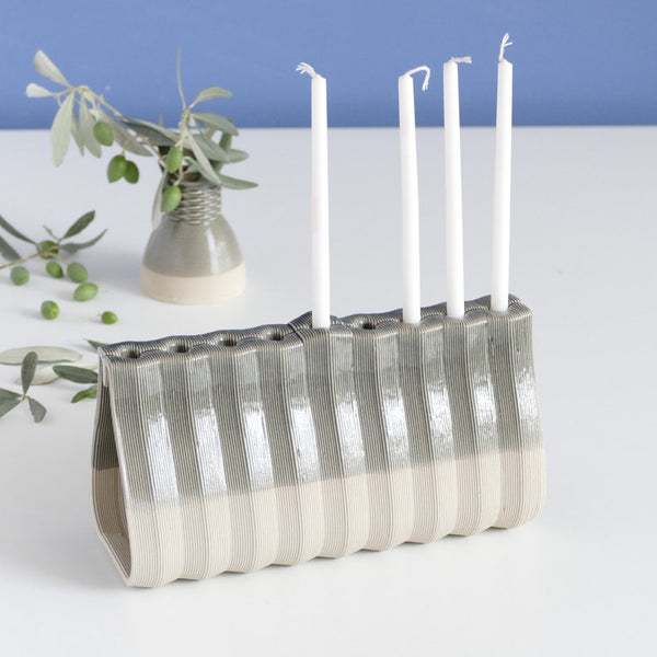 Hanukkah Menorah for Early Adopters - Innovative Menorah, Early Bird Contemporary Judaica for Chanukah, 3D Printed Clay, Sand Shade Clay with Glossy Grey Glaze