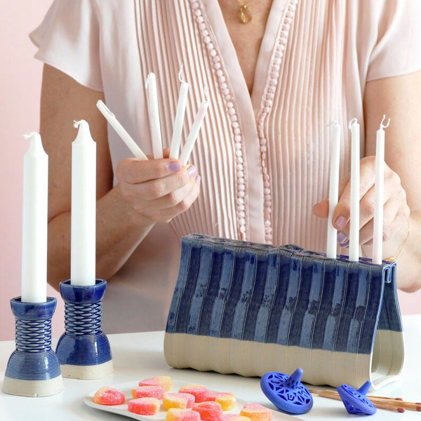 Innovative 3D Printed Clay Menorah, Contemporary Judaica for Chanukah, Sand Shade Clay with Glossy Blue Glaze