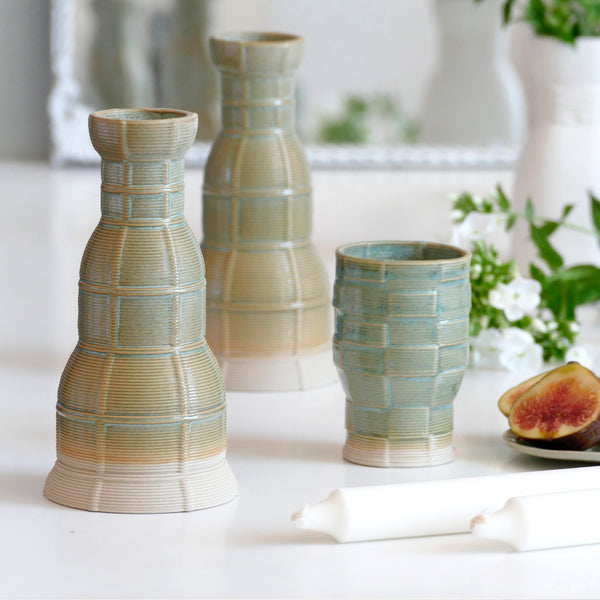 Early Bird Sale, Innovative Shabbat Set, 3D Printed Clay Beige with Mint Glaze - Checkered Grid Pattern