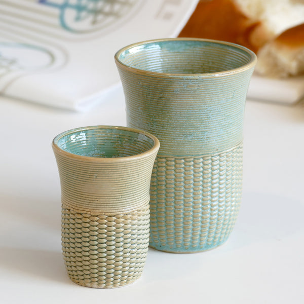 Family Set of Kiddush Cups - Large Goblets and 6 Small wine cups, 3D Printed Clay Sand Shade with Turquoise and White Glaze