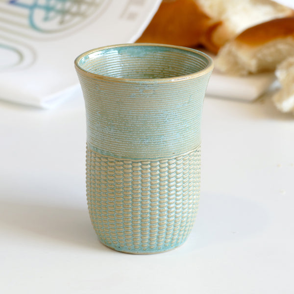 3D Printed Clay Shabbat Kiddush Cup - Modern Ceramic - Pearls Pattern with Mint Glaze