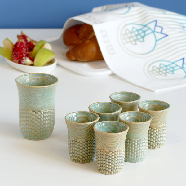 Modern Judaica Shabbat set of Kiddush cup 3D Printed Clay Sand Shade with Turquoise