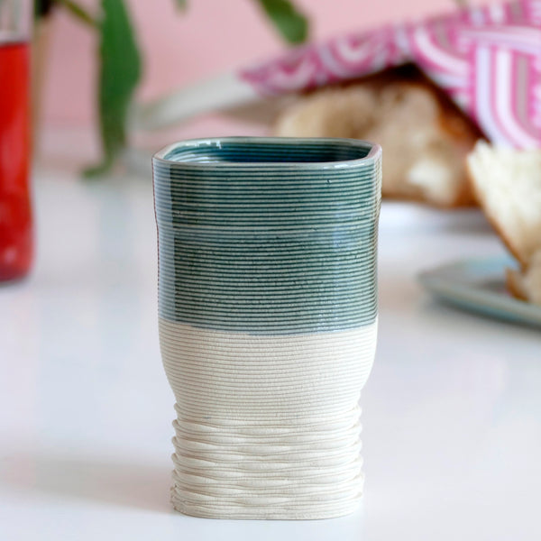 Early Bird Sale - Kiddush Goblet for Early Adopters - 3D Printed Clay - Square, Weaving Pattern, Beige with Emerald