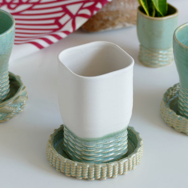 Kiddush Cup, 3D Printed Clay in Off White and Mint, Shabbat Wine Goblet with Matching Plate, Square with weave Pattern