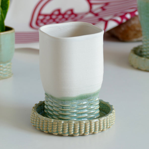 Early Bird Sale - Kiddush Cup, 3D Printed Clay in Off White and Mint, Shabbat Wine Goblet with Matching Plate, Square with weave Pattern