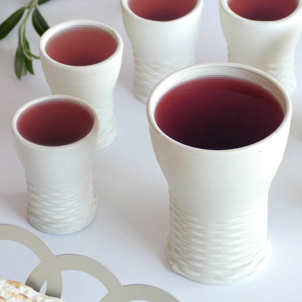 Early Bird Sale - Set of Shabbat Kiddush Cup and Six Small Goblets - 3D Printed Clay - Square Off White 