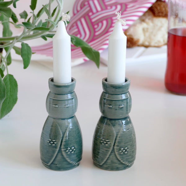 3D Printed Clay Candlesticks, Inspired by Kokeshi Doll, Pair of Shabbat Candleholders, Beige Ceramic with Emerald Glaze, Early Bird Sale -25% Off