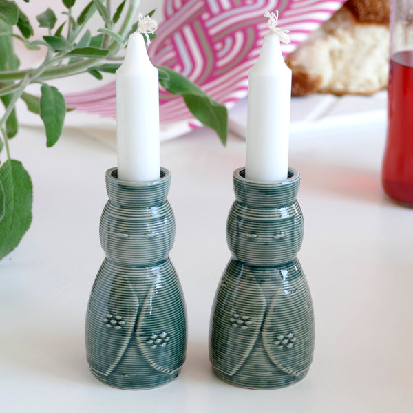 3D Printed Clay Candlesticks, Inspired by Kokeshi Doll, Pair of Shabbat Candleholders, Beige Ceramic with Emerald Glaze, Early Bird Sale