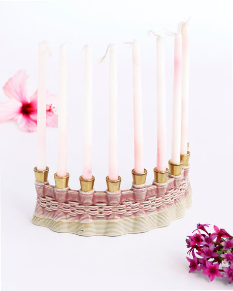 Hanukkah Menorah - 3D Printed Clay - Wavy in Natural Beige Shade and Ancient Pink Glaze