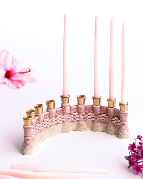 Hanukkah Menorah - 3D Printed Clay - Wavy in Natural Beige Shade and Ancient Pink Glaze