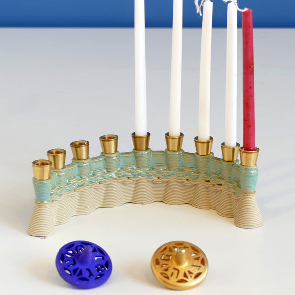Modern ceramic Hanukkah Menorah, 3d printed, mint glaze and sand shade