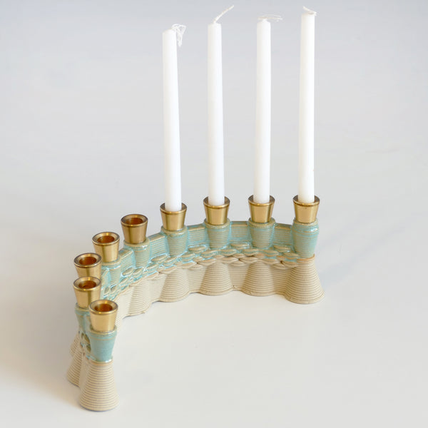 3d printed clay Hanukkah Menorah with mint glaze and weaving pattern