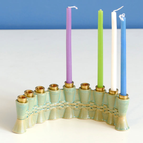 OOAK Early Bird 25% Off - Hanukkah Menorah for Early Adopters - 3D Printed Clay - Weaving Pattern with Mint Glaze