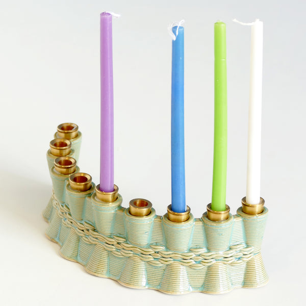 OOAK Early Bird 50% Off - Hanukkah Menorah for Early Adopters - 3D Printed Clay - Weaving Pattern with Mint Glaze