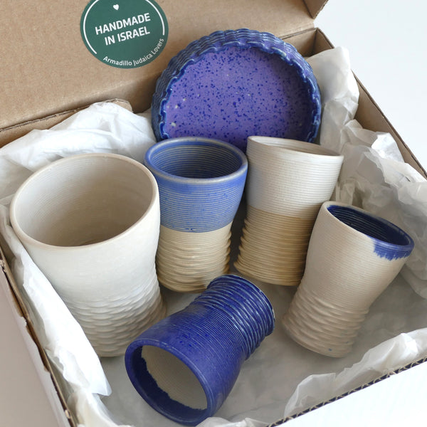 Shabbat Mystery Box - Family Set of Kiddush Cups - 1 Large and 4 Small Goblets, 3D Printed Clay, Surprise Glaze Shades in Beige Blue and Off- White