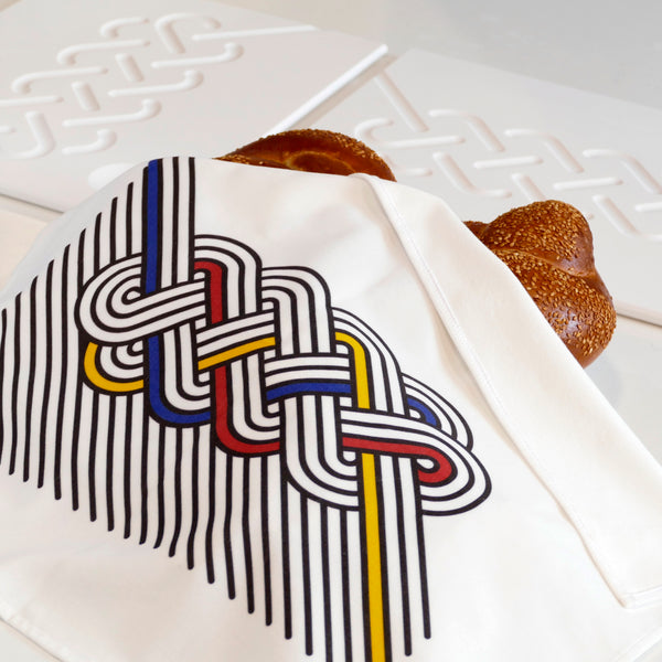 Cotton Velvet Challah Cover for Shabbat Table, Op-Art Challah Print, in Black, Red, Blue and Yellow, Finest Digital Print. Made in Israel