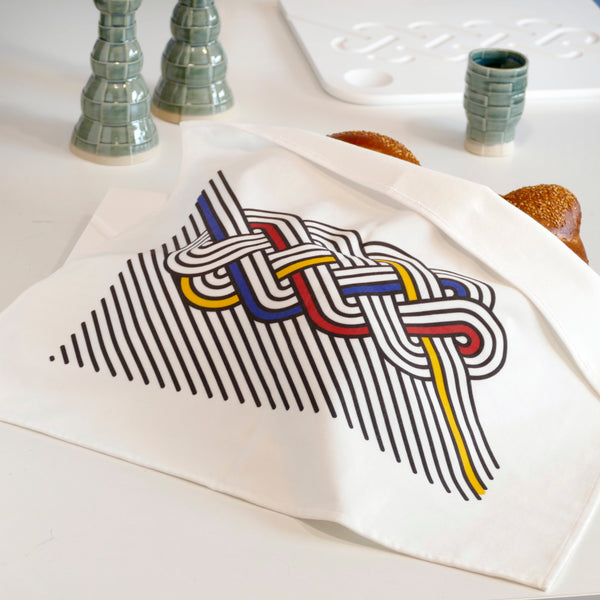 Cotton Velvet Challah Cover for Shabbat Table, Op-Art Challah Print, in Black, Red, Blue and Yellow, Finest Digital Print. Made in Israel