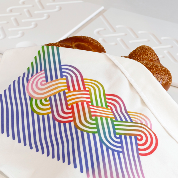 Cotton Velvet Challah Cover for Shabbat Table, Op-Art Challah Print, Multicolor, Finest Digital Print. Made in Israel