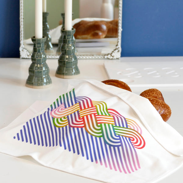 New colorful collection Op-Art Challah design, high end digital print in full colors - on off white cotton velvet.
This multicolor design will add joy to your Shabbat table.