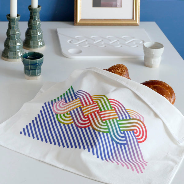 Cotton Velvet Challah Cover for Shabbat Table, Op-Art Challah Print, Multicolor, Finest Digital Print. Made in Israel