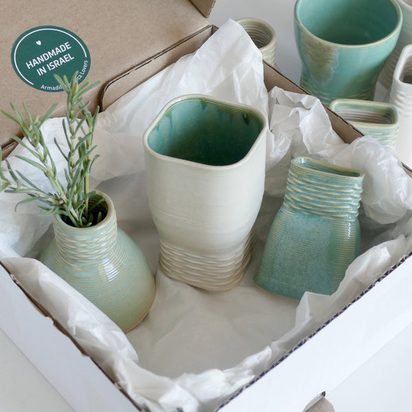 Mystery box of Havdalah set items - The box's contents stay the same - the glazes varies in off white, beige and mint shades! Pictures show different combinations of mint, beige and off - white glazes - the exact colors combination of your set is a surprise.