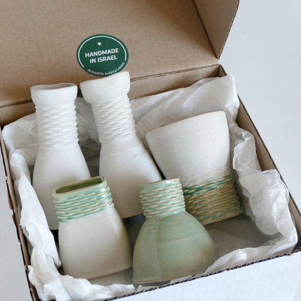 special offer  - Shabbat and Havdalah Mystery Box - Set of Wine Cup, Besamim (Spices) Holder, and Candle Holder, Pair of Shabbat Candlesticks - Surprise Glaze Shades in Mint Beige and and Off - White