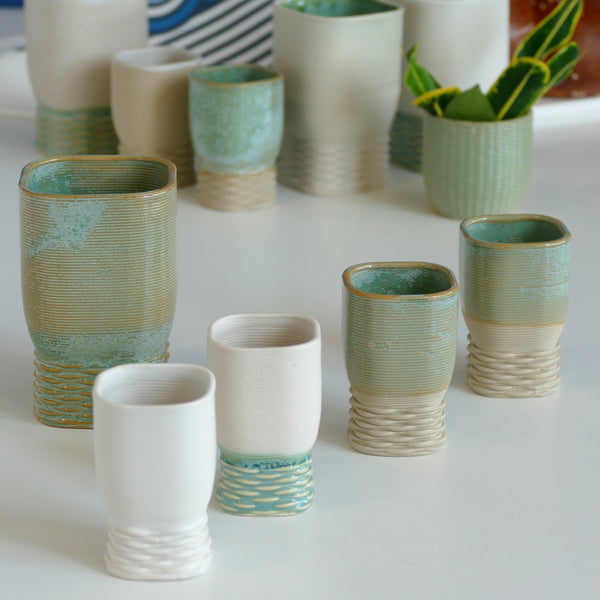 Shabbat Mystery Box - Set of Square Kiddush Cups - 1 Large and 4 Small Goblets, a Plate 3D Printed Clay, Surprise Shades of Mint and White