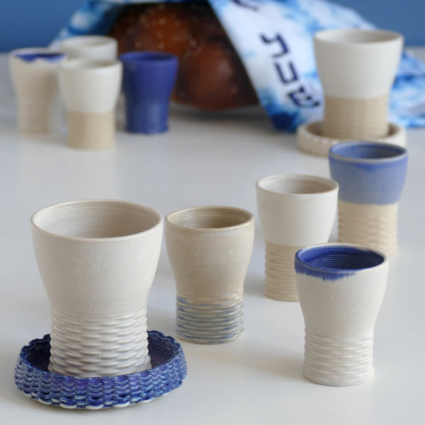 Shabbat Mystery Box - Family Set of Kiddush Cups - 1 Large and 4 Small Goblets, 3D Printed Clay, Surprise Glaze Shades in Beige Blue and Off- White