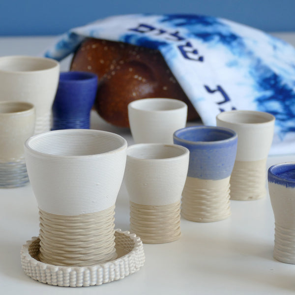 Shabbat Mystery Box - Family Set of Kiddush Cups - 1 Large and 4 Small Goblets, 3D Printed Clay, Surprise Glaze Shades in Beige Blue and Off- White