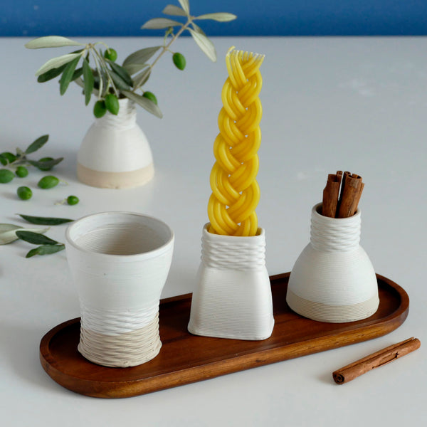 Havdalah Set for Early Adopters, Wine Cup, Besamim- Spices Holder, Candleholder, 3D Printed Clay, Sand Shade with Matt Off White Glaze