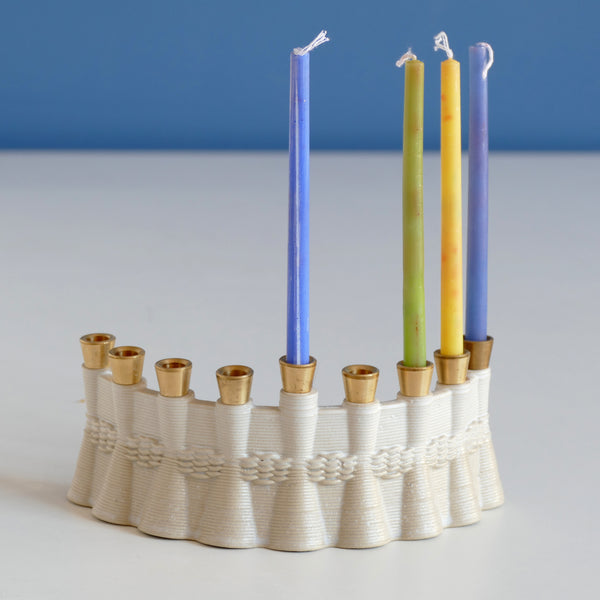 Hanukkah Menorah for Early Adopters - 3D Printed Clay - Early Bird 25% Off - Wavy Pattern in Natural Beige Shade and Off - White Glaze