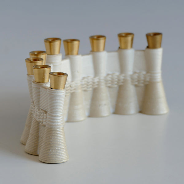 Hanukkah Menorah for Early Adopters - 3D Printed Clay - Early Bird 25% Off - Wavy Pattern in Natural Beige Shade and Off - White Glaze