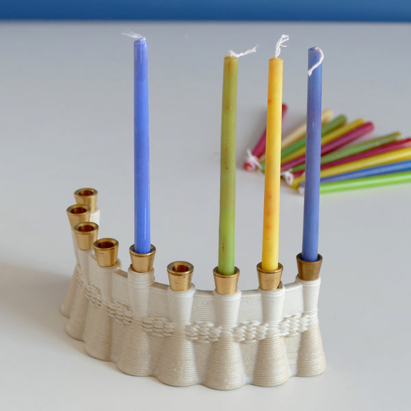 This innovative Hanukkah Menorah has an arc shape with weaving pattern - created in a unique method by a clay 3D Printer. Its gentle details and modest proportions - make it look like a jewel.  The Shamash placed at the middle of the arc, you may place the Menorah concave or convex.