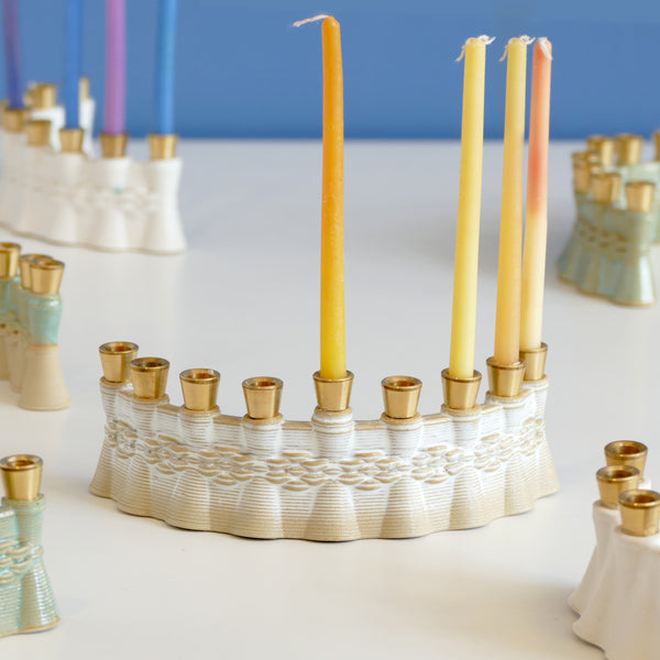 Modern Hanukkah Menorah - created in a unique method by a clay 3D Printer. Its gentle details and modest proportions - make it look like a jewel.  The Shamash placed at the middle of the arc.