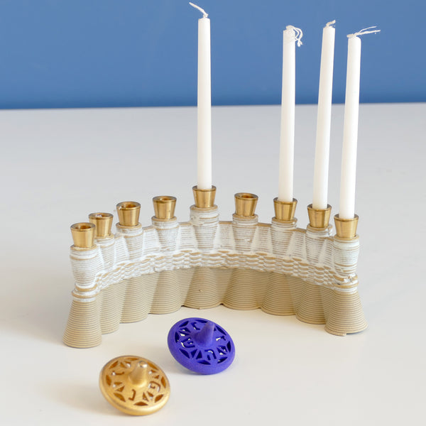 innovative modern Menorah - 3d printed in clay, natural sand shade and off white glaze