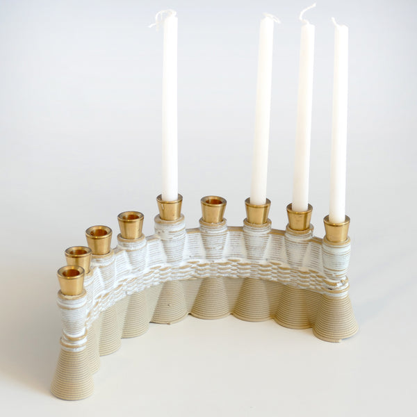 3d printed clay Hanukkah Menorah with off white glaze and weaving pattern