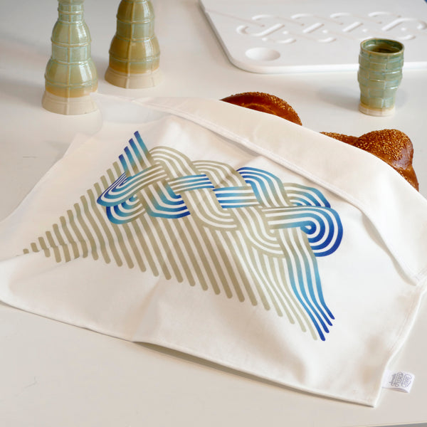 Cotton Velvet Challah Cover for Shabbat Table, Op-Art Challah Print, in Olive Turquois and Blue, Finest Digital Print. Made in Israel