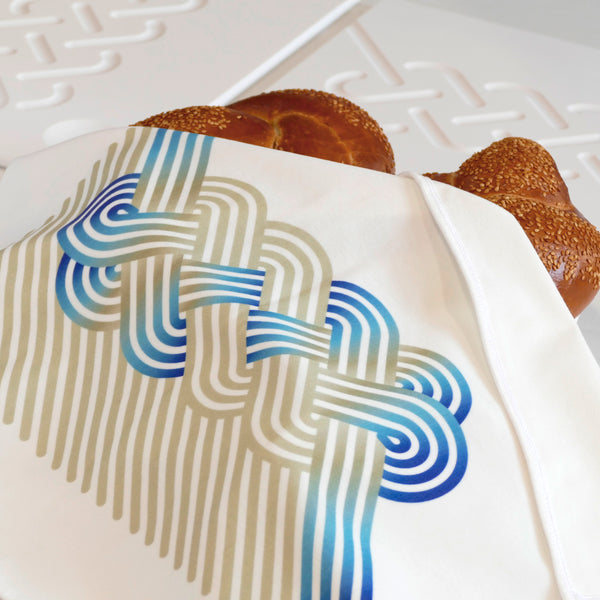 Cotton Velvet Challah Cover for Shabbat Table, Op-Art Challah Print, in Olive Turquois and Blue, Finest Digital Print. Made in Israel