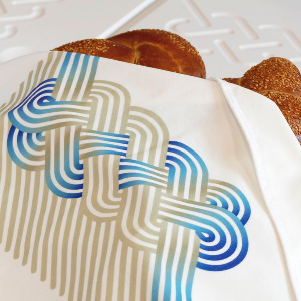 Cotton Velvet Challah Cover for Shabbat Table, Op-Art Challah Print, in Olive Turquois and Blue, Finest Digital Print. Made in Israel