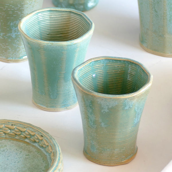 Early Bird Sale -Set of Shabbat Kiddush Cup and Six Small Goblets - 3D Printed Clay - Gentle Layers Pattern
