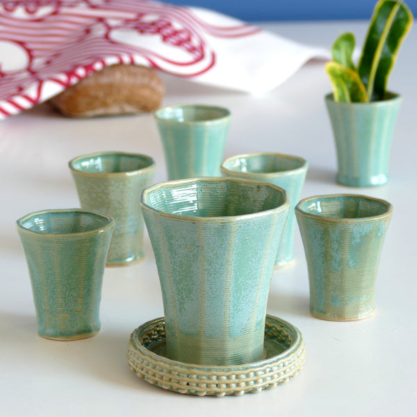 Set of Shabbat Kiddush Cup and Six Small Goblets - 3D Printed Clay - Gentle Layers Pattern