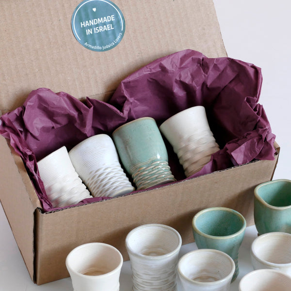 Mystery Box of Six Schnapps Cups - Clay 3D Printed Shot Cups, for Liquor Surprise Glaze Shades Beige, Mint, Off White. Early Adopters Offer