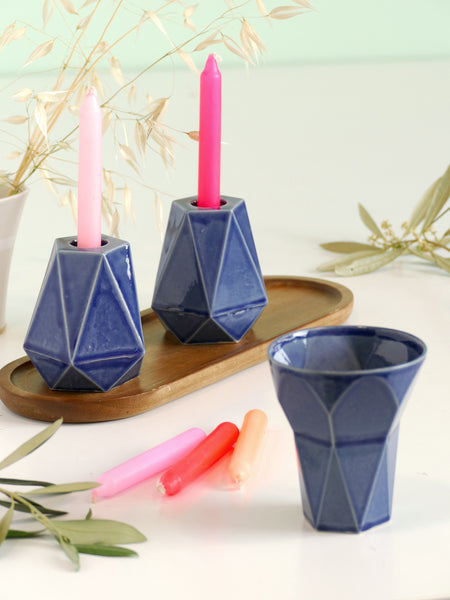 Pair of Shabbat Candlesticks, Ceramic with Royal Blue Glaze, Geometric Style