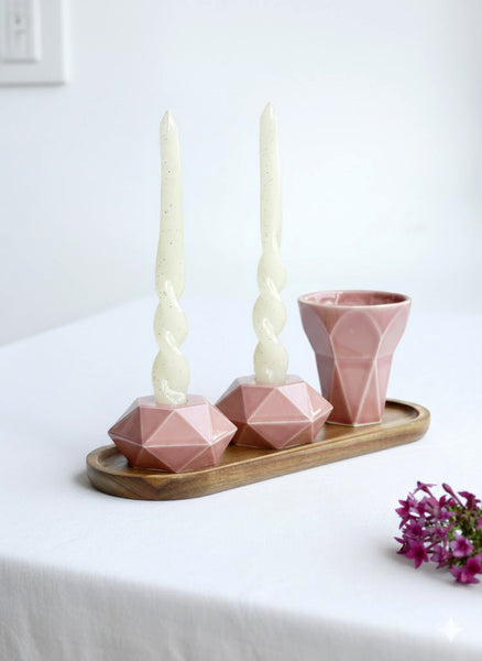 Set of geometric modern Judaica: Kiddush cup + Pair of geometric candlesticks designed in minimalist style.&nbsp;
This elegant Shabbat set is handcrafted of ceramic with glossy ancient pink glaze.