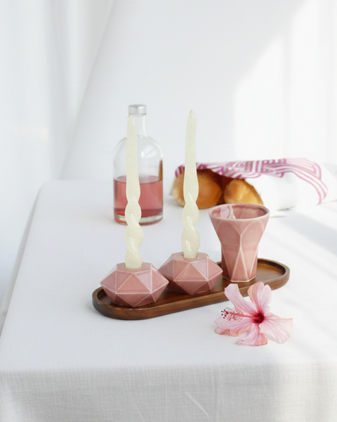 Set of geometric modern Judaica: Kiddush cup + Pair of geometric candlesticks designed in minimalist style.&nbsp;
This elegant Shabbat set is handcrafted of ceramic with glossy ancient pink glaze.