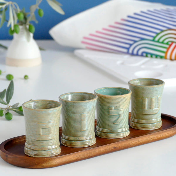Set of Personal Kiddush Cups, 3D Printed Clay, for Early Adopters, Customized with Hebrew Letters, with Oval Bamboo Plate,  Shabbat Family Set