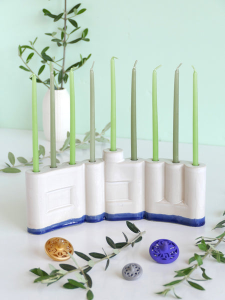Double-Sided 'Shalom' שלום Menorah, Glossy Off White Glaze, Blue Accent