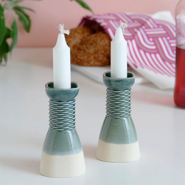 Early Bird Sale, Shabbat Table Set of Kiddush Cup and Pair of Candlesticks- Square Shape Weaving Pattern 3D Printed Clay Beige and Emerald